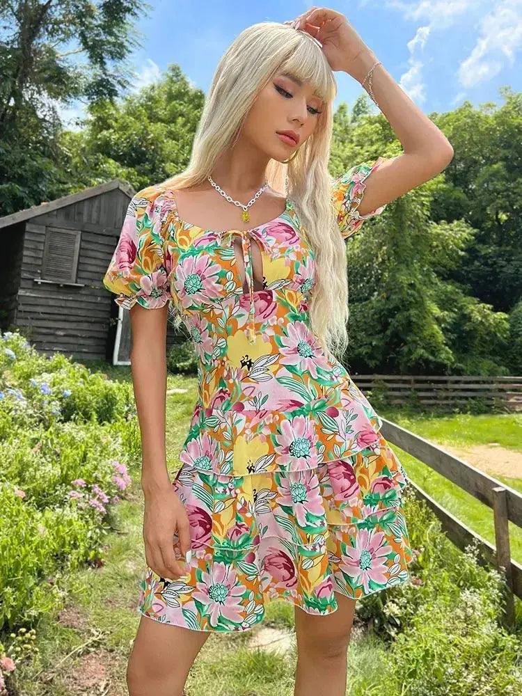 Floral Lace Up Princess Mini Dress - Short Sleeve Hollow Out Summer Sundress - MissyMays Elegance