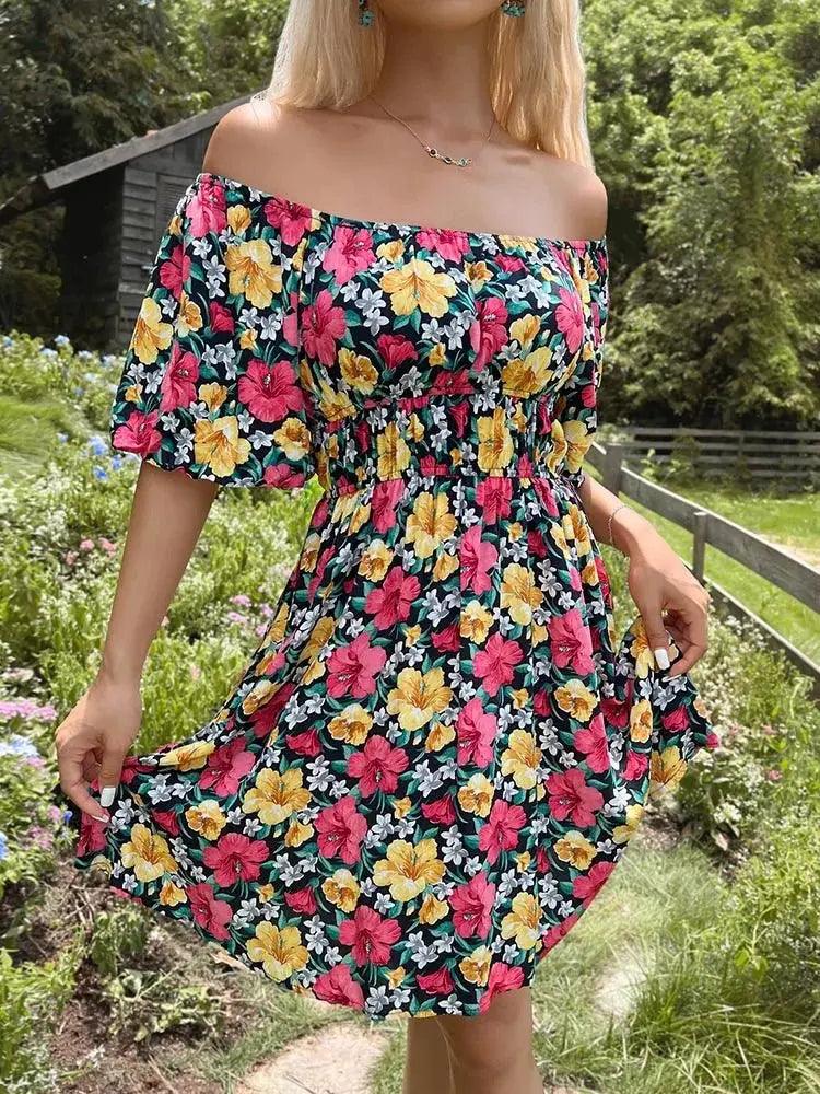 Floral Off Shoulder Beach Mini Dress - Women's Fashionable Tunic for Summer - MissyMays Elegance