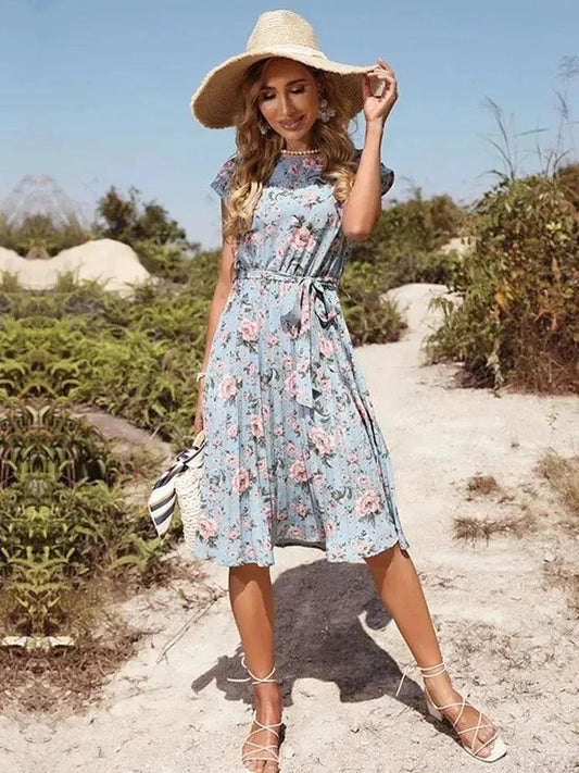 Floral Pleated Summer Dress with Belt - Regan Short Sleeve Round Neck for Beach Holidays - MissyMays Elegance