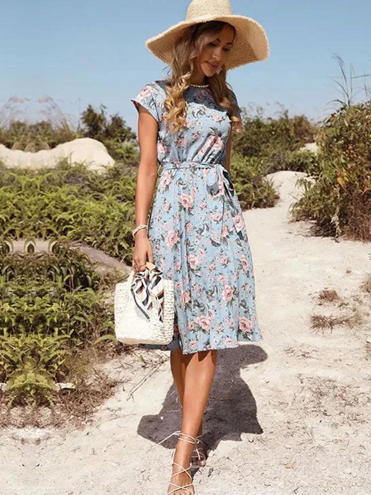 Floral Pleated Summer Dress with Belt - Regan Short Sleeve Round Neck for Beach Holidays - MissyMays Elegance
