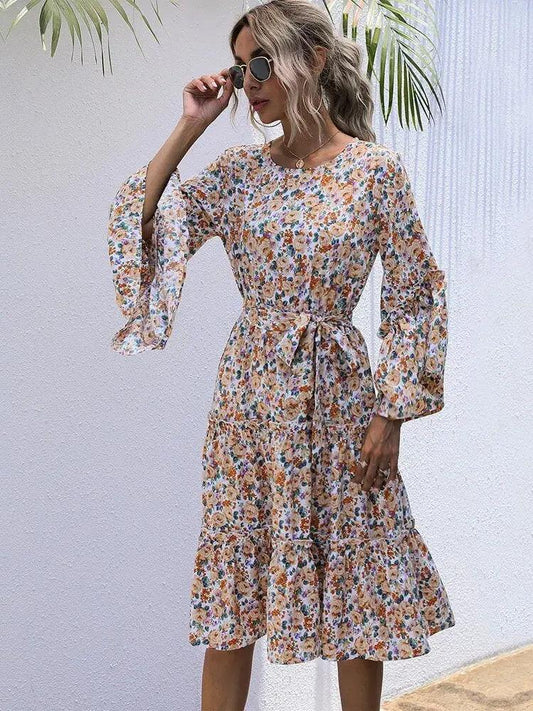 Floral Print Midi Sundress - Fashionable Long Flare Sleeve Dress with Belt - MissyMays Elegance