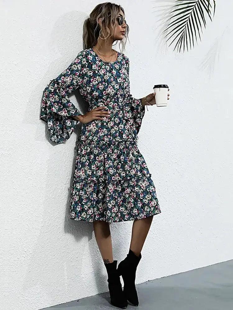 Floral Print Midi Sundress - Fashionable Long Flare Sleeve Dress with Belt - MissyMays Elegance