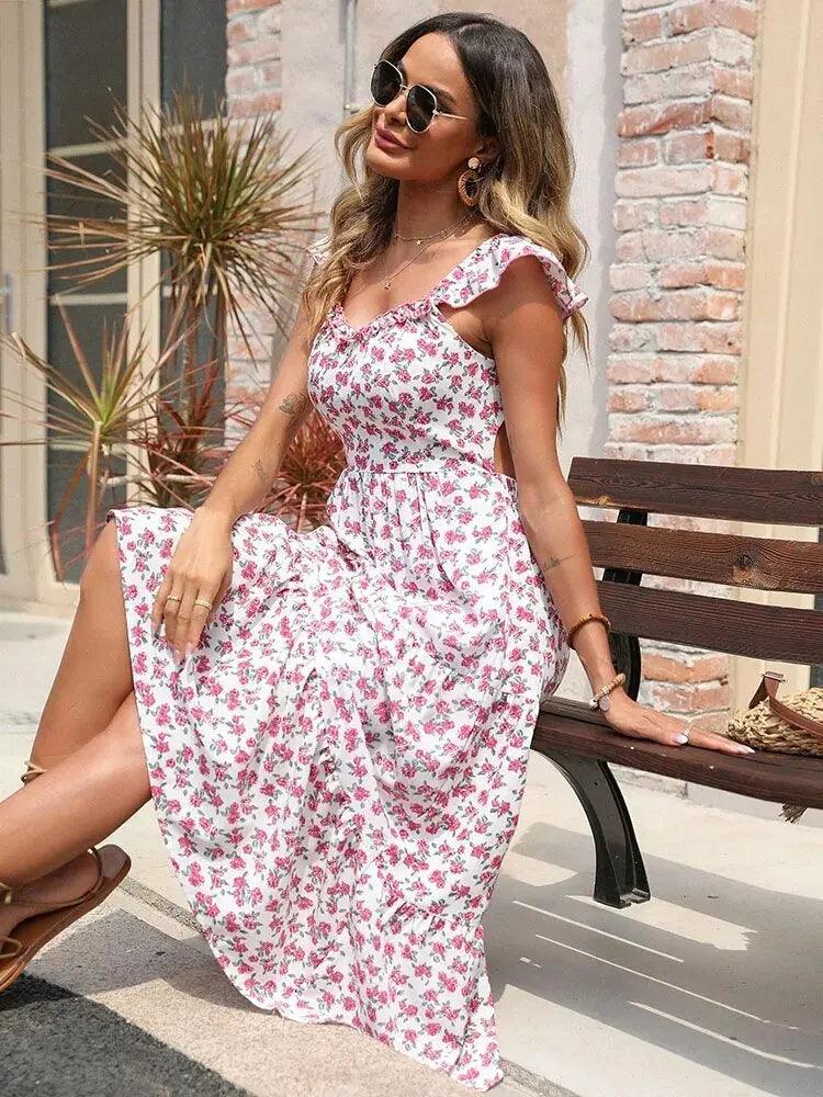 Floral Ruffle Backless Midi Sundress - Sleeveless Summer Beachwear for Women - MissyMays Elegance