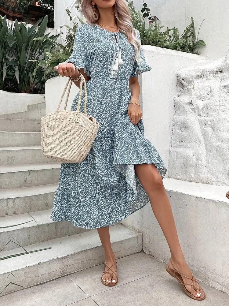 Floral Ruffle Midi Summer Dress - Short Sleeve Hollow Design for Beach Parties - MissyMays Elegance