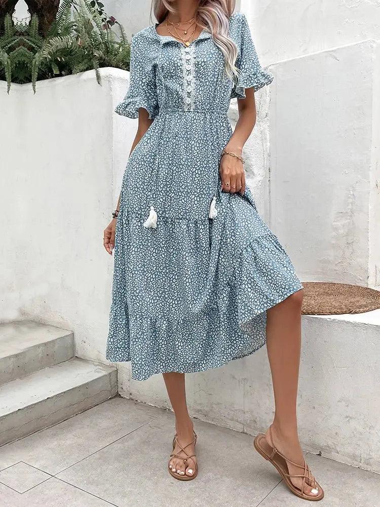 Floral Ruffle Midi Summer Dress - Short Sleeve Hollow Design for Beach Parties - MissyMays Elegance