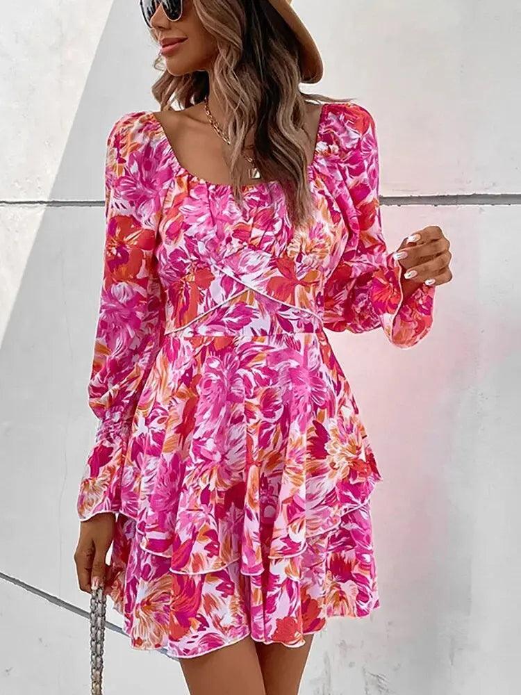 Floral Tied Mini Dress - Chic Long Sleeve Ruched Design for Elegant Women's Style - MissyMays Elegance