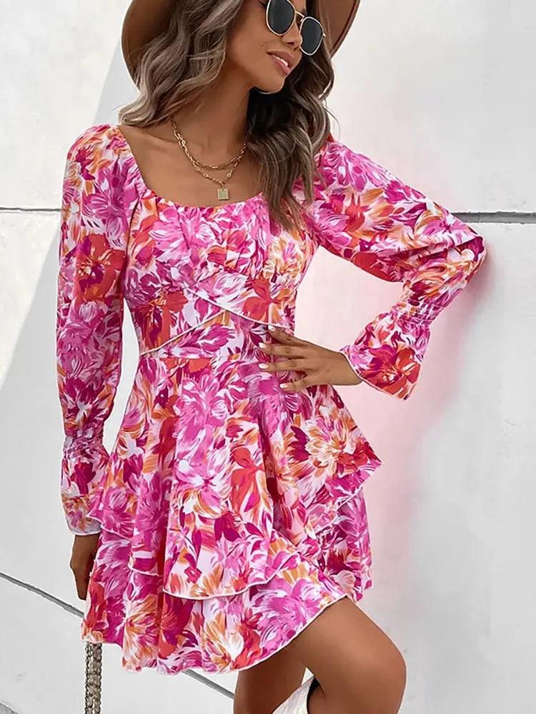Floral Tied Mini Dress - Chic Long Sleeve Ruched Design for Elegant Women's Style - MissyMays Elegance
