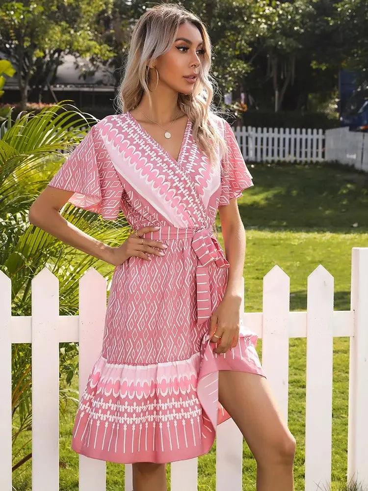 Floral V Neck Boho Mini Dress - Wrap Style Summer Beach Sundress for Women - MissyMays Elegance