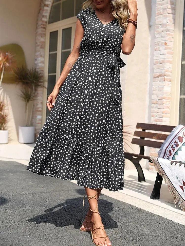 Floral V Neck Midi Dress with Belt - Elegant Summer Sleeveless Style for Women - MissyMays Elegance