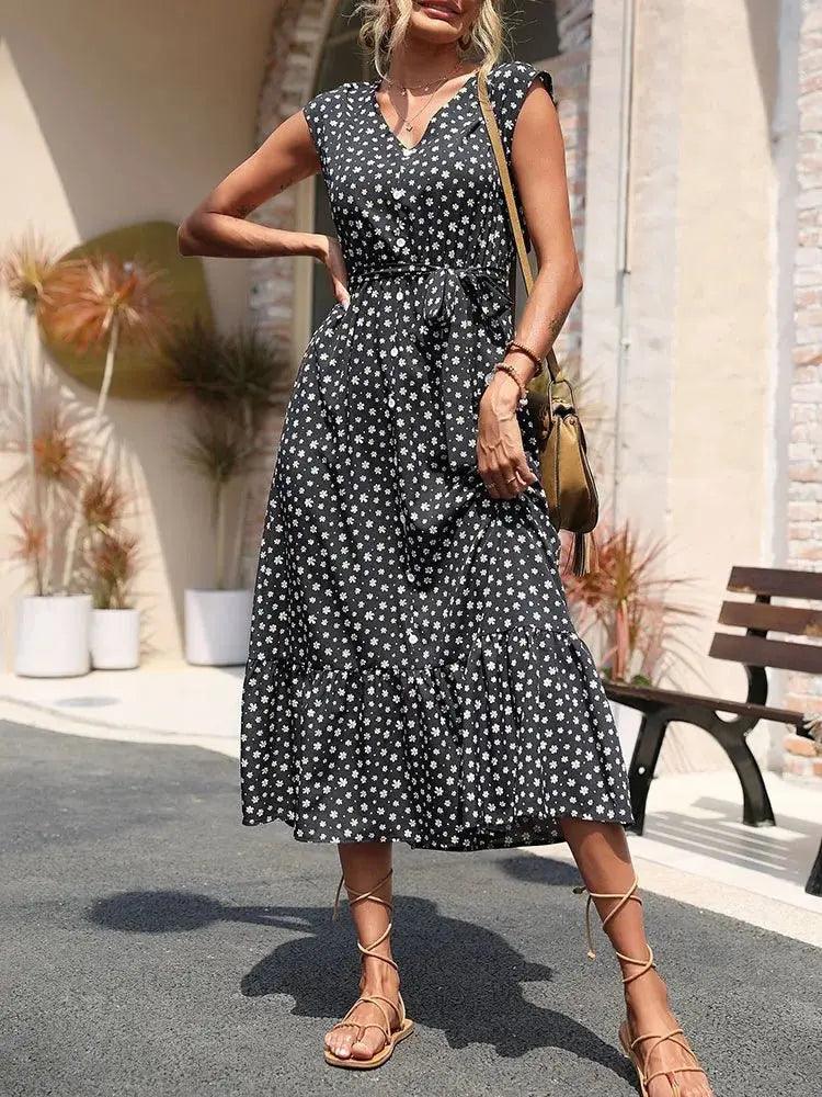 Floral V Neck Midi Dress with Belt - Elegant Summer Sleeveless Style for Women - MissyMays Elegance
