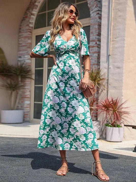 Green Floral Boho Long Dress - Vintage Bohemian Short Sleeve V Neck for Summer Holidays - MissyMays Elegance
