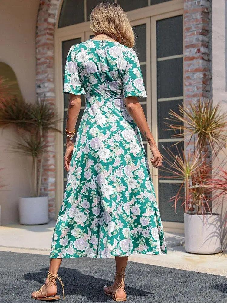 Green Floral Boho Long Dress - Vintage Bohemian Short Sleeve V Neck for Summer Holidays - MissyMays Elegance