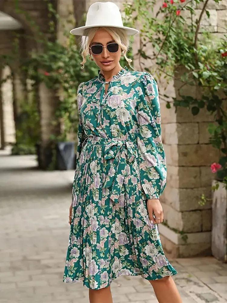 Green Floral Print Midi Dress with Belt - Vintage Elegance for Summer - MissyMays Elegance