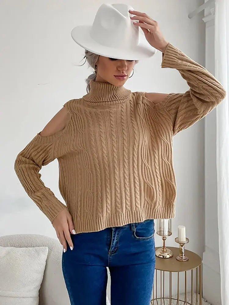 Half Turtleneck Slim Pullover Sweater - Women's Autumn Knitwear with Exposed Arms - MissyMays Elegance
