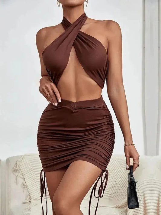 Halter Crop Top & Mini Skirt Set - Women's Summer Hollow Out Bodycon Club Outfit - MissyMays Elegance