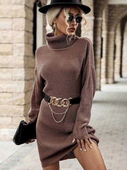 High Neck Knit Midi Dress - Autumn Long Sleeve Casual Comfort - MissyMays Elegance