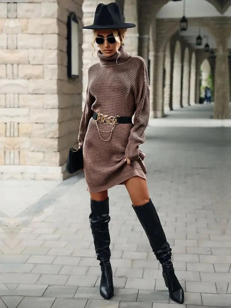 High Neck Knit Midi Dress - Autumn Long Sleeve Casual Comfort - MissyMays Elegance