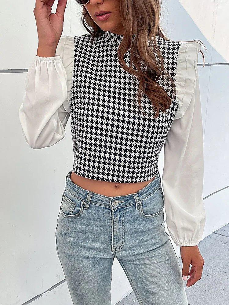Houndstooth Turtleneck Crop Top - Slim Fit Long Sleeve for Women - MissyMays Elegance