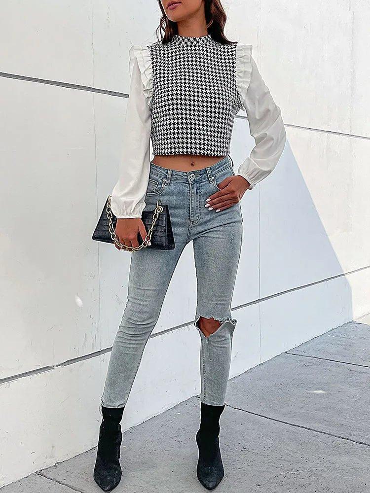 Houndstooth Turtleneck Crop Top - Slim Fit Long Sleeve for Women - MissyMays Elegance