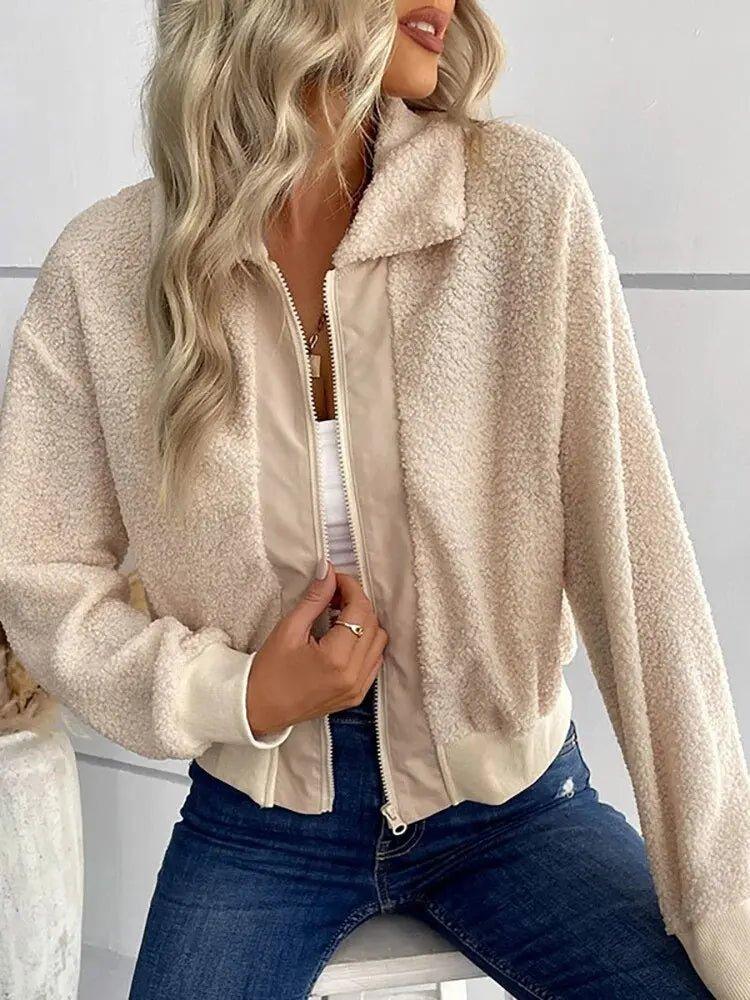 Lamb Wool Lapel Overcoat - Women's Solid Color Long Sleeve Jacket for Autumn/Winter - MissyMays Elegance