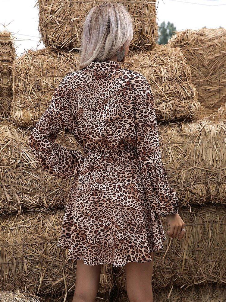 Leopard Plaid Tunic Mini Dress - Women's Long Sleeve Autumn Fashion with Stand Collar - MissyMays Elegance
