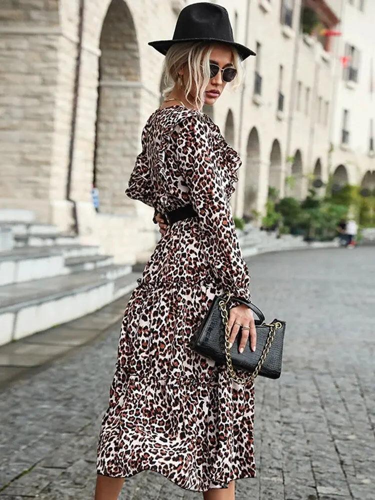Leopard Print A-line Midi Dress - Women's Elegant Full Sleeve Autumn Casual Fashion - MissyMays Elegance
