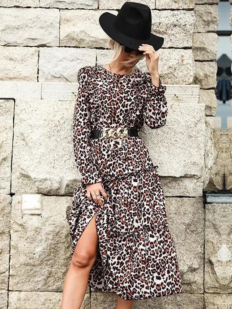 Leopard Print A-line Midi Dress - Women's Elegant Full Sleeve Autumn Casual Fashion - MissyMays Elegance