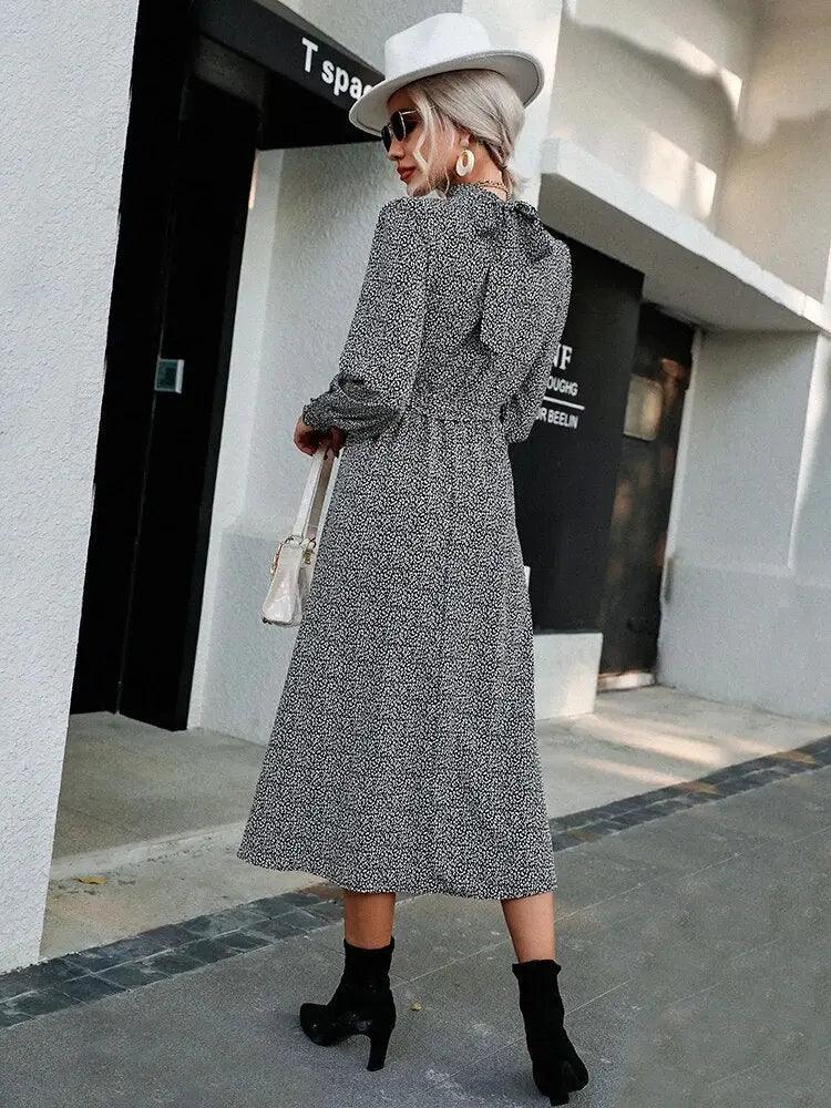 Leopard Print Tunic Midi Dress - Retro Long Sleeve Style with Belt for Women - MissyMays Elegance