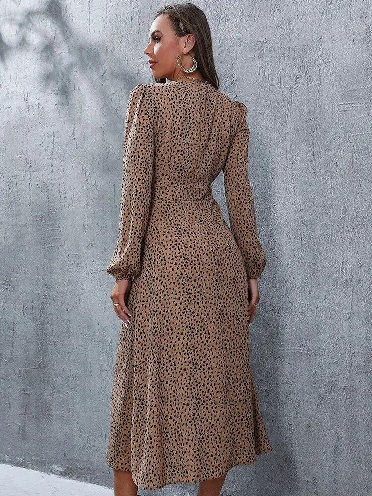 Leopard Print V Neck Midi Dress - Elegant Long Sleeve Slim Fit for Parties - MissyMays Elegance