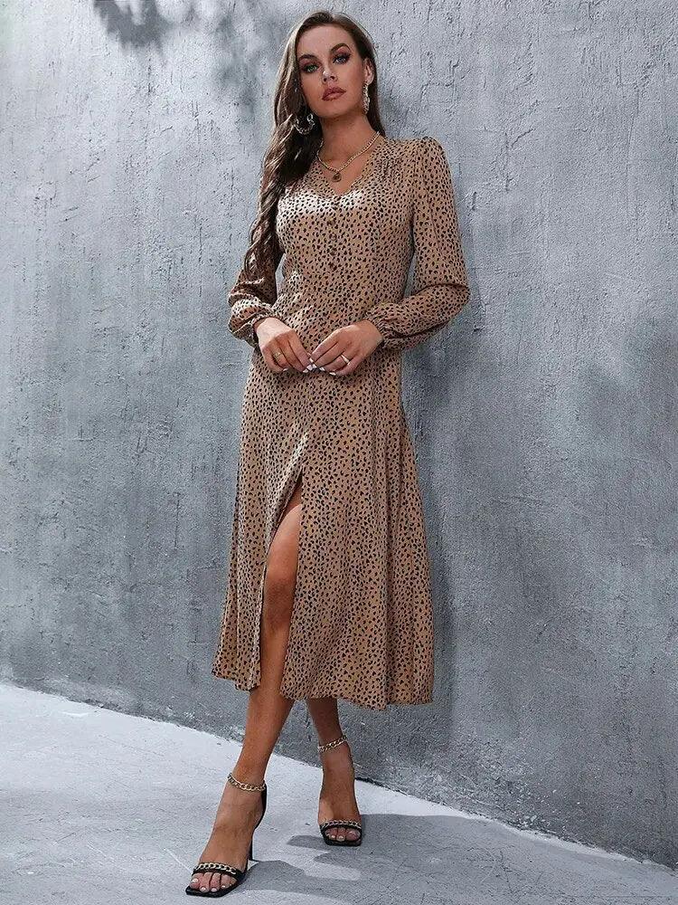 Leopard Print V Neck Midi Dress - Elegant Long Sleeve Slim Fit for Parties - MissyMays Elegance