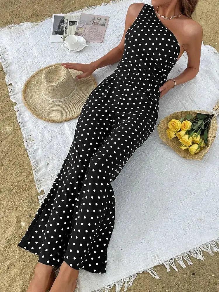 One Shoulder Dot Print Jumpsuit - Summer Wide Leg Romper for Women - MissyMays Elegance