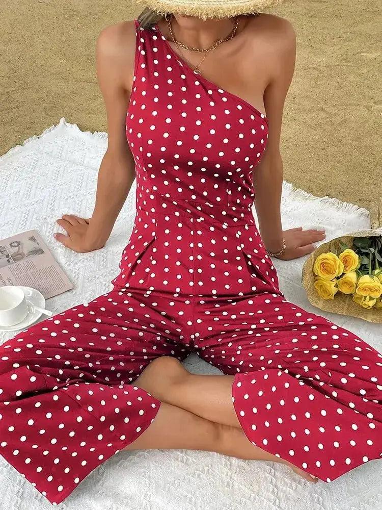 One Shoulder Dot Print Jumpsuit - Summer Wide Leg Romper for Women - MissyMays Elegance