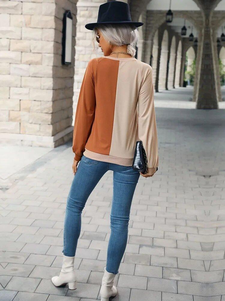 Patchwork Colour Casual Pullover - Women's Long Sleeve Round Neck Sweater for Autumn/Spring - MissyMays Elegance
