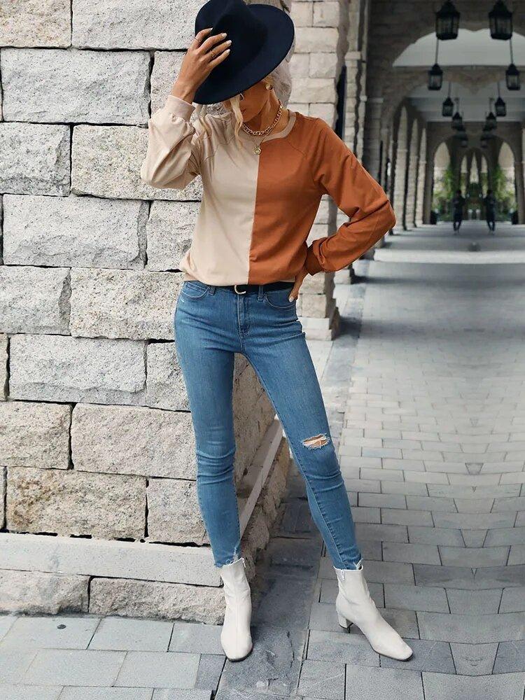 Patchwork Colour Casual Pullover - Women's Long Sleeve Round Neck Sweater for Autumn/Spring - MissyMays Elegance