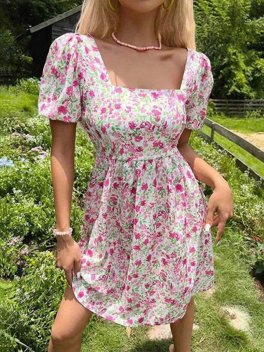 Pink Floral Print Princess Mini Dress - Short Sleeve Summer Beach Sundress for Ladies - MissyMays Elegance