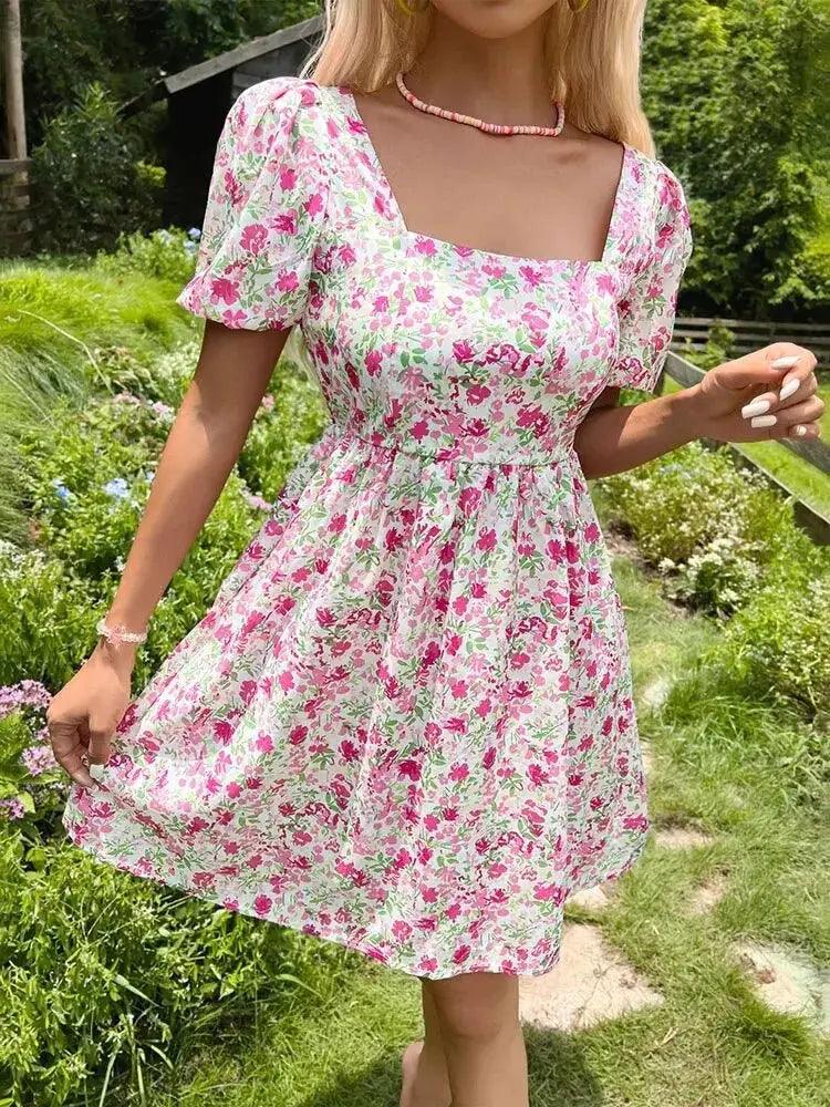 Pink Floral Print Princess Mini Dress - Short Sleeve Summer Beach Sundress for Ladies - MissyMays Elegance