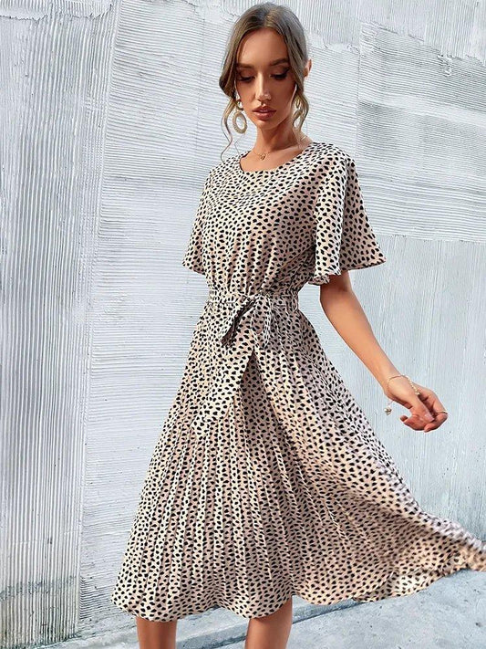 Polka Dot Flare Sleeve Midi Dress - Elegant Pleated Design with Belt for Vacation - MissyMays Elegance