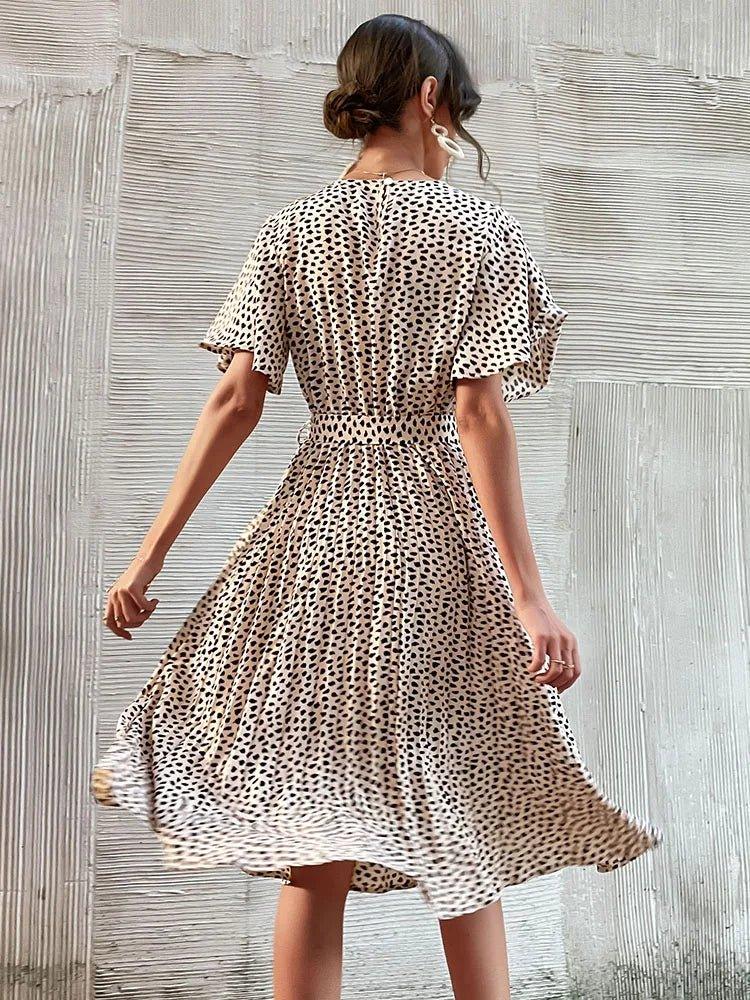 Polka Dot Flare Sleeve Midi Dress - Elegant Pleated Design with Belt for Vacation - MissyMays Elegance