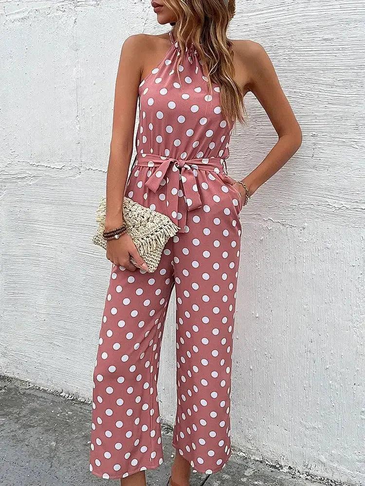 Polka Dot Party Jumpsuit - Women's Sleeveless Bodycon Playsuit in Green, Pink, Wine Red - MissyMays Elegance
