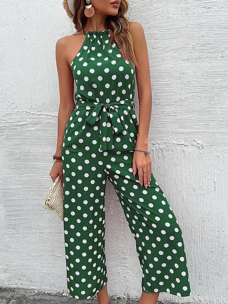 Polka Dot Party Jumpsuit - Women's Sleeveless Bodycon Playsuit in Green, Pink, Wine Red - MissyMays Elegance