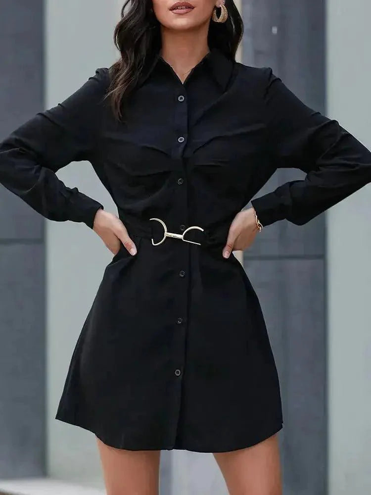 Polo Collar Tunic Mini Dress - Elegant Long Sleeve Design in Solid Black for Autumn - MissyMays Elegance