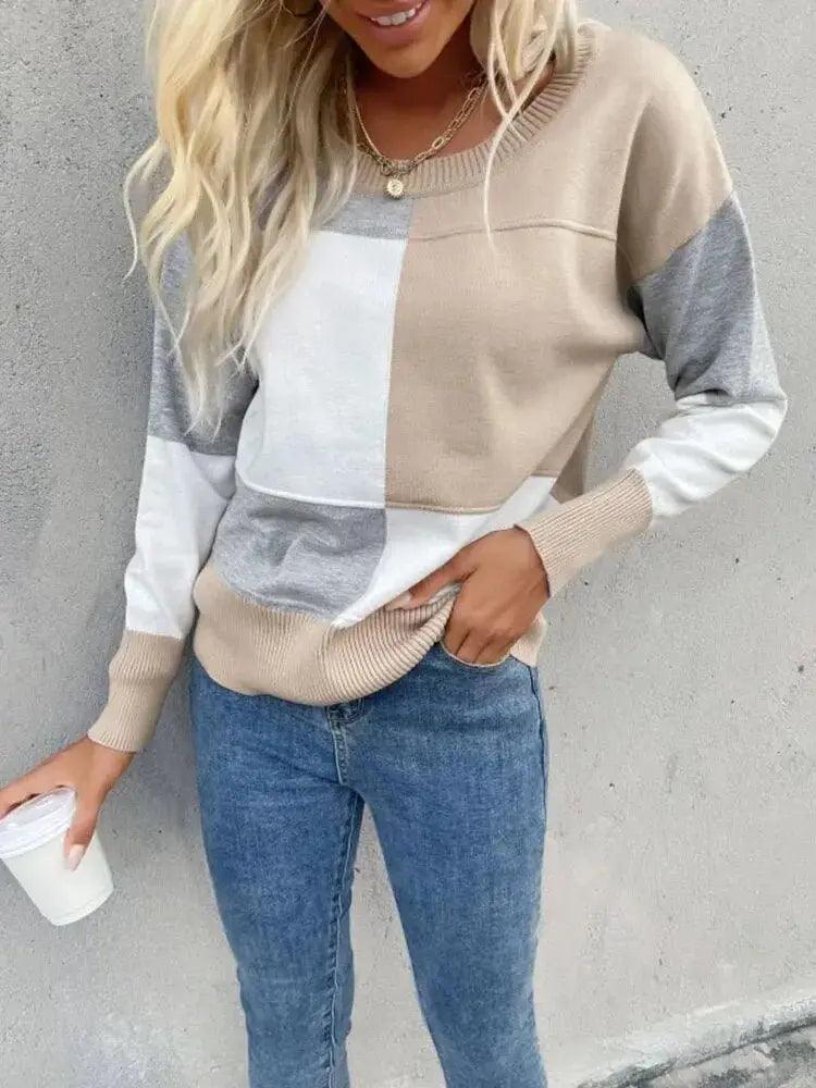 Round Neck Patchwork Knit Sweater - Women's Casual Long Sleeve Autumn Pullover - MissyMays Elegance