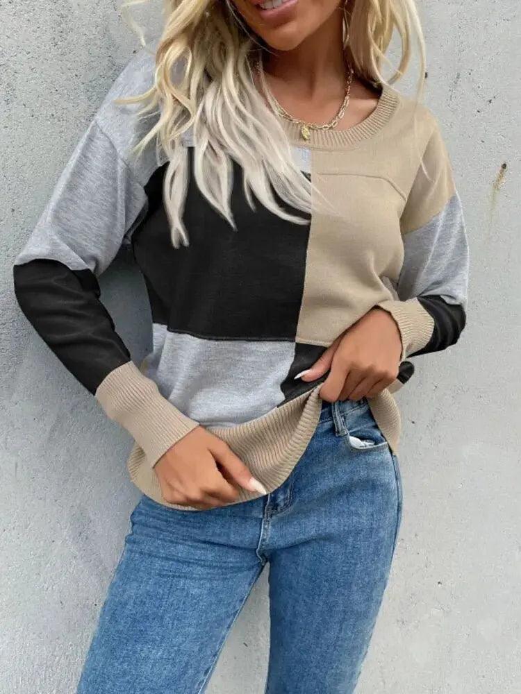 Round Neck Patchwork Knit Sweater - Women's Casual Long Sleeve Autumn Pullover - MissyMays Elegance