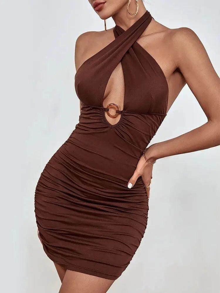 Sexy Backless Bodycon Party Dress: Hot Hollow Out Cross Halter Ruched Mini Dress for Women - MissyMays Elegance