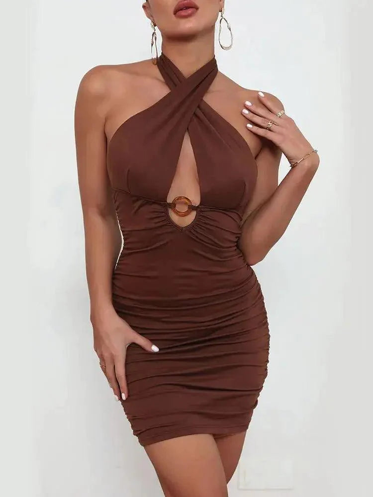 Sexy Backless Bodycon Party Dress: Hot Hollow Out Cross Halter Ruched Mini Dress for Women - MissyMays Elegance