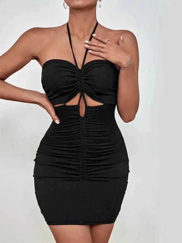 Sexy Backless Halter Bodycon Dress - Chic Hollow Out Spaghetti Strap Mini for Club Parties - MissyMays Elegance