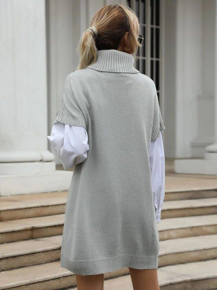 Short Sleeve Turtleneck Sweater Dress - Casual Long Knit for Autumn - MissyMays Elegance