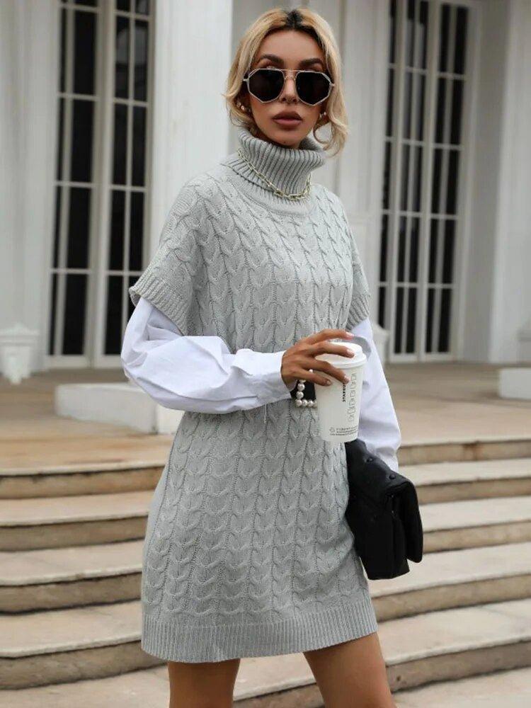 Short Sleeve Turtleneck Sweater Dress - Casual Long Knit for Autumn - MissyMays Elegance