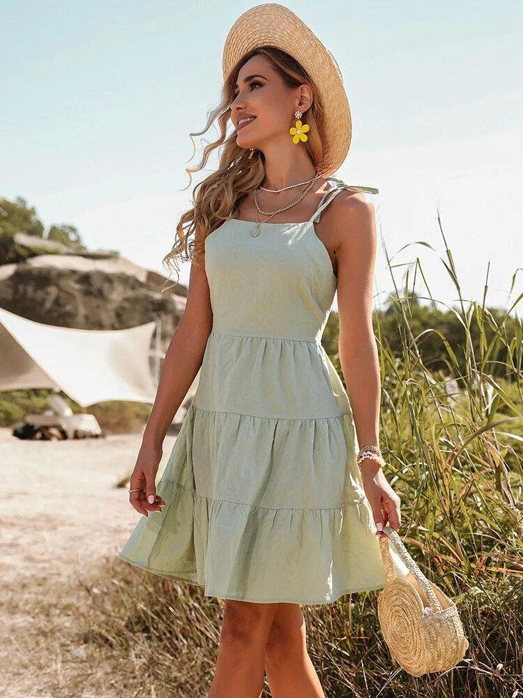 Spaghetti Strap Backless Beach Sundress - Summer Fashion Pleated Mini Dress - MissyMays Elegance