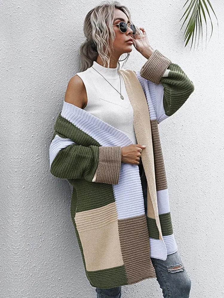 Splicing Long Knit Sweater Coat - Women's Casual Autumn/Winter Streetwear - MissyMays Elegance